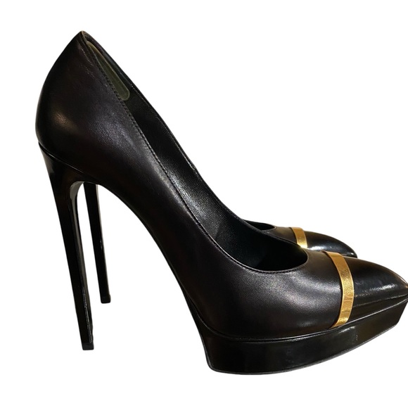 YSL Yves Saint Laurent PARIS 105 Janis Black Gold Pointed Toe Pumps Shoe 38.5 - Picture 2 of 6